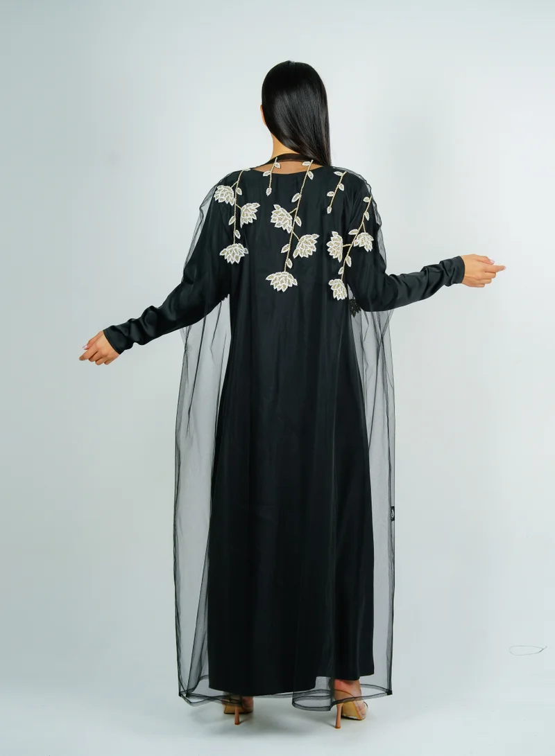 Rosette Abaya  luxurious tulip-embroidered bisht-style tulle abaya set with matching inner dress, perfect for Ramadan and special occasions for Women | Best Price UAE